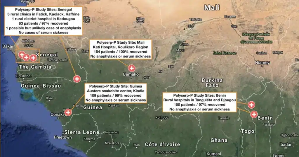 A map showing approximate locations of data for Polyserp PanAfrica use